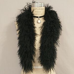Real Fur Curly Mongolian Lamb Scarf Black  42" Fluffy Soft Lush Flirty Authentic